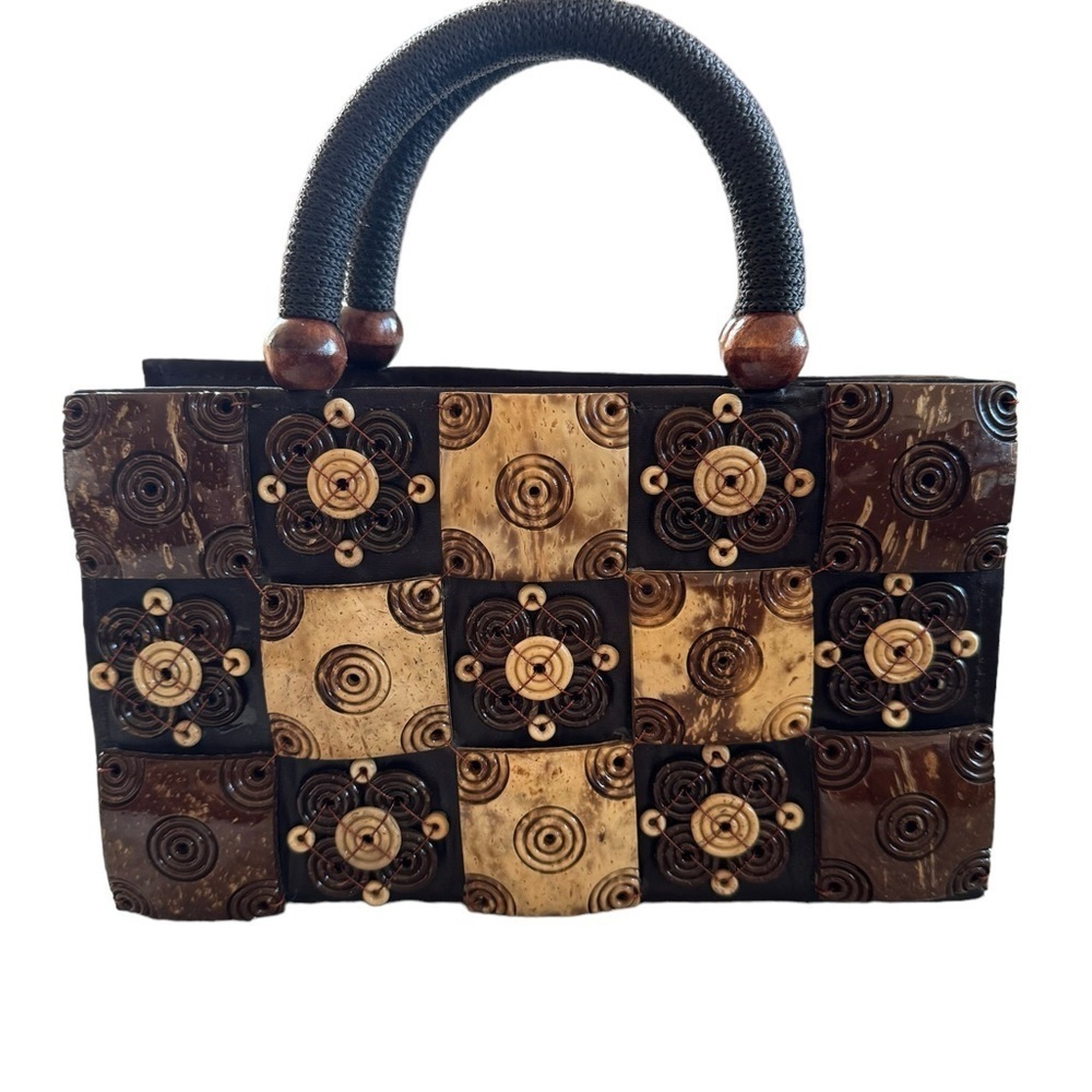 Bathok Koi Vintage Brown Coconut Shell Top Handle Handbag - Picture 2 of 8